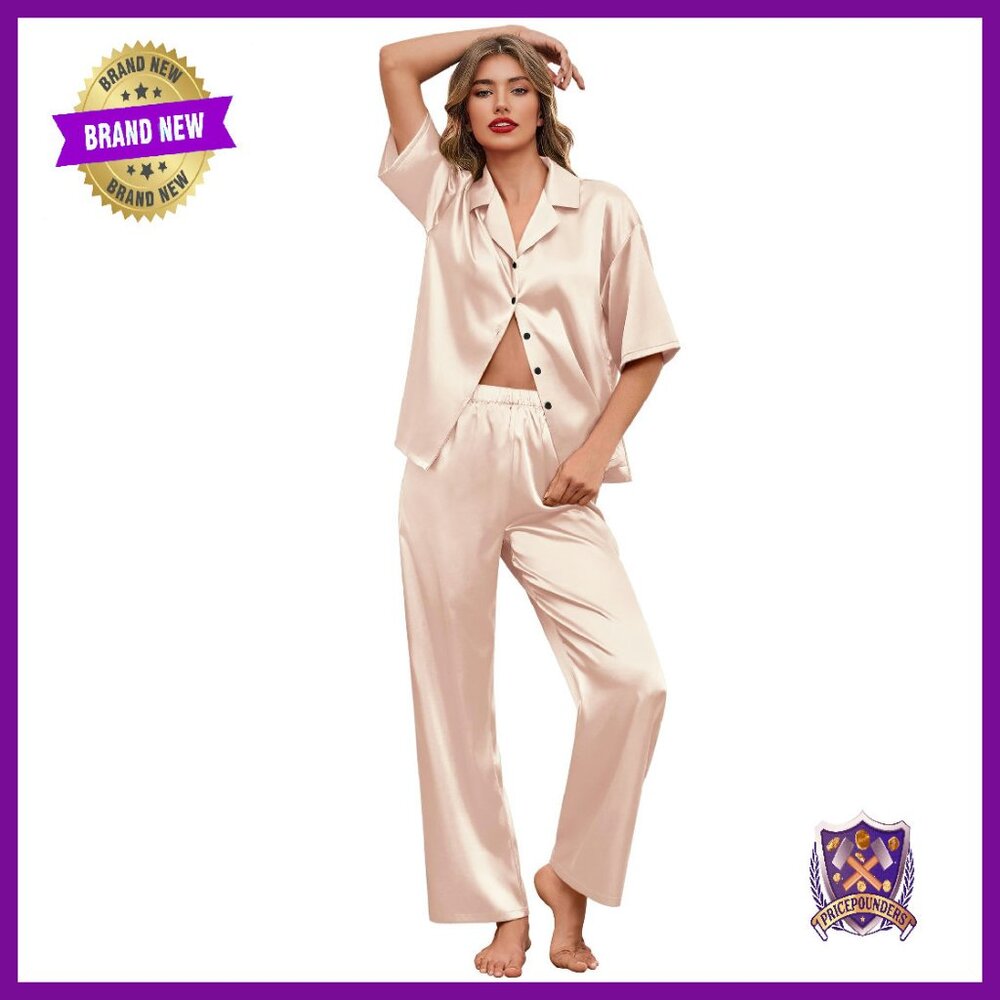 Silk Satin Pajama Set Short Sleeve Button Down Sleepwear Loungewear